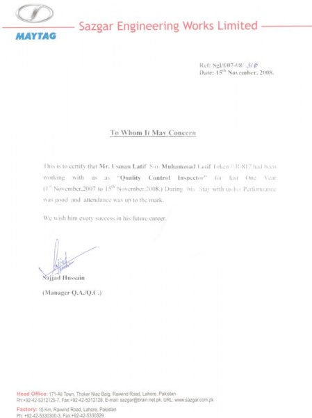 17 Experience Letter Sazgar Engineering Works Ltd